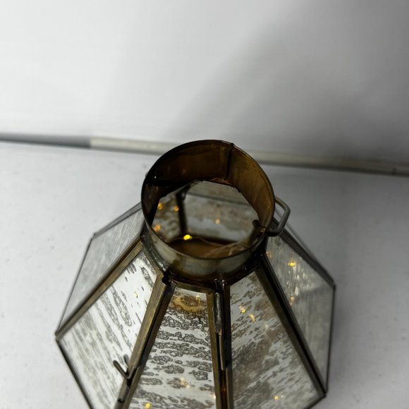 Mercury Glass Octagon Brass Lantern with LED Lights Strings 3 AAA Batteries Open - Picture 12 of 14